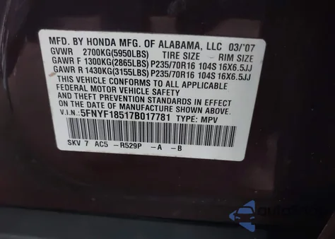 2007 Honda Pilot Ex-L из США, поврежденный, VIN 5FNYF18517B017781